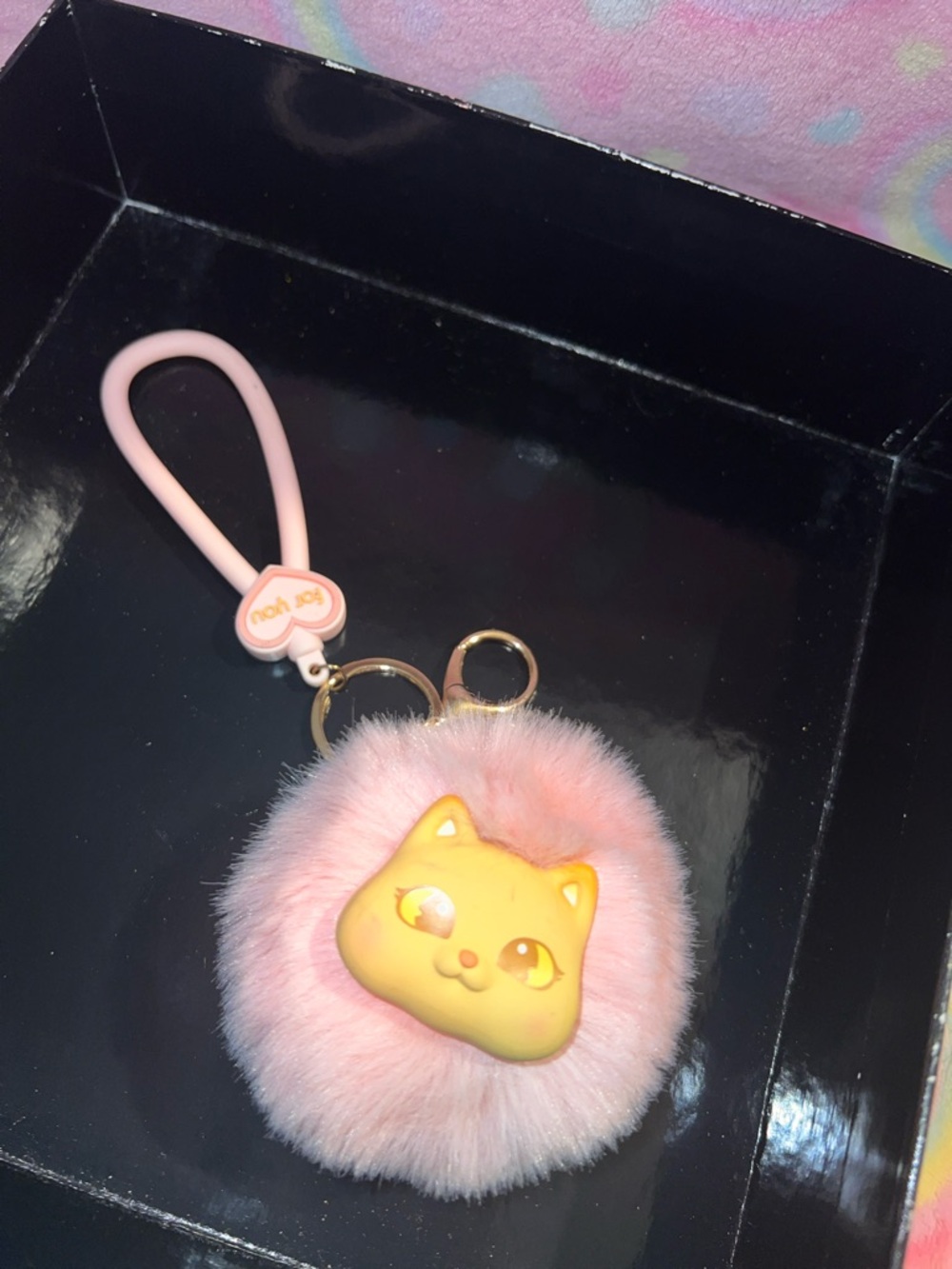 Pink Fuzzy Pom Keychain with Cute Cat Face